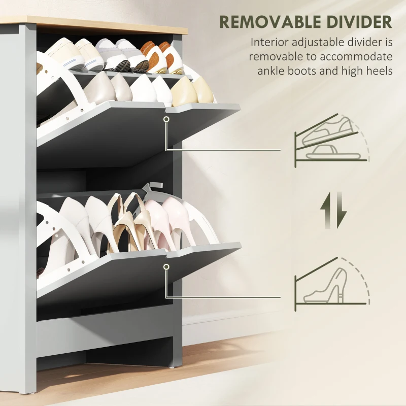 HOMCOM Slim Shoe Cabinet, Narrow Shoe Cupboard with 2 Flip Drawers, Adjustable Shelves for 12 Pairs of Shoes, Light Grey