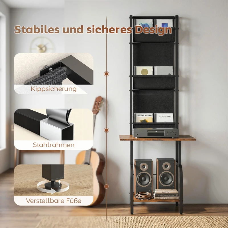 HOMCOM Industrielles CD-Regal, CD-Aufbewahrung, DVD-Ständer mit 3 Stofftaschen und Tischplatte, Rustikale Holzoptik in Braun