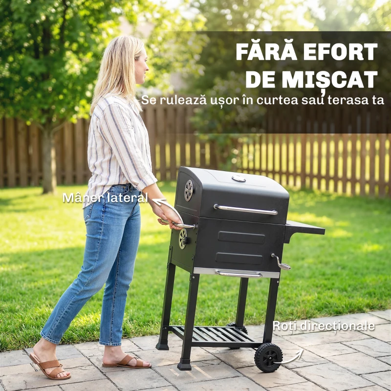 Outsunny Grătar pe Cărbune cu Termometru pentru Terasă și Grădină, Negru