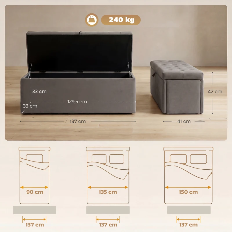 HOMCOM Pouf de rangement, Banc de rangement 141L 137x41x42 cm Revêtement en velours Coffre de rangement Charge 240 kg Gris