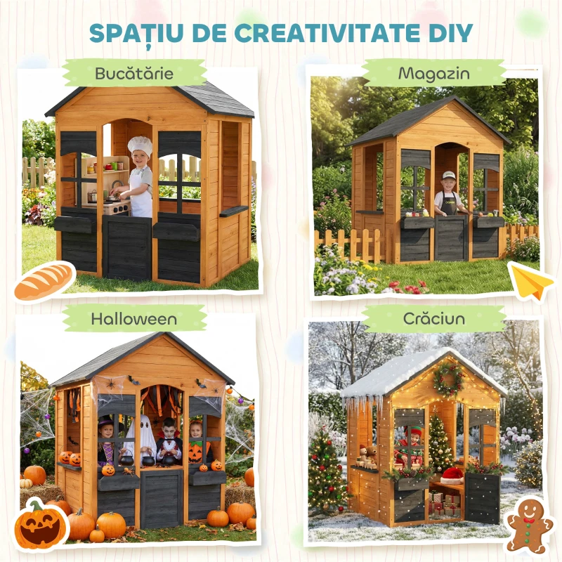 AIYAPLAY Căsuță din Lemn Copii cu Jardiniere, pentru Joacă Exterior/Interior, Vârsta 3-8, Maro