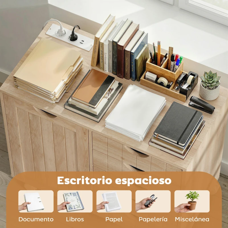 HOMCOM Mueble para Impresora con Estación de Carga y Ruedas 5 Cajones Puertos USB Estante Ajustable Natural