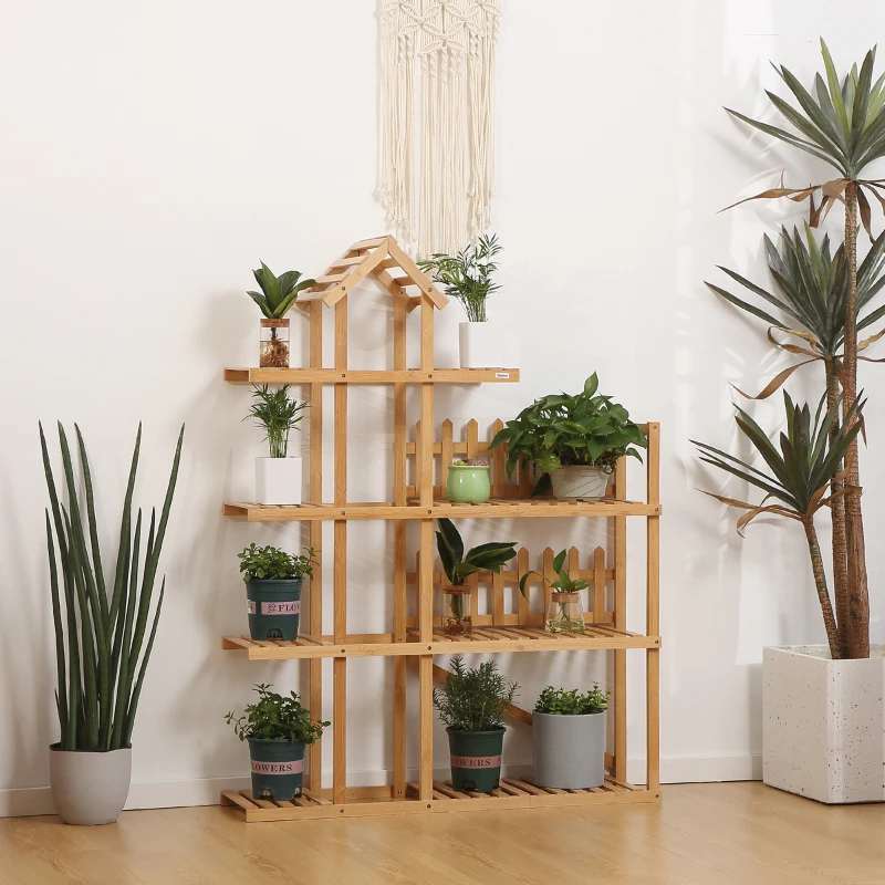 Outsunny Étagère à plantes en bambou étagère à fleurs support de pots de fleurs 4 niveaux de rangement 96 x 25 x 127 cm naturel