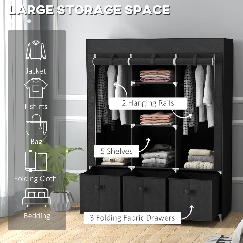 HOMCOM Foldable Fabric Wardrobe for Bedroom, Portable Wardrobe with 5 Shelves, 2 Hanging Rails and 3 Fabric Drawers, Black