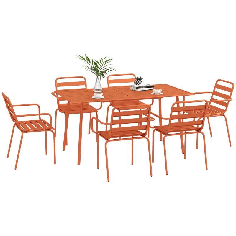 Outsunny Conjunto de jardim conjunto de jantar para jardim 7 peças com 1 mesa e 6 cadeiras empilháveis em aço vermelho