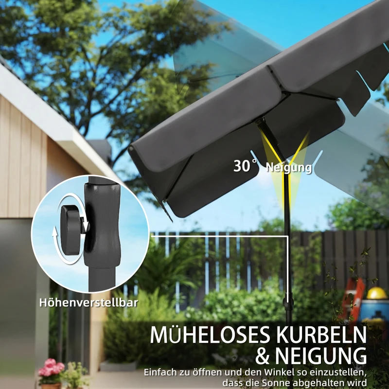Outsunny Sonnenschirm rechteckig Balkonschirm mit 3-facher Neigung Strandschirm mit 8 Streben 183x122x222 cm Dunkelgrau