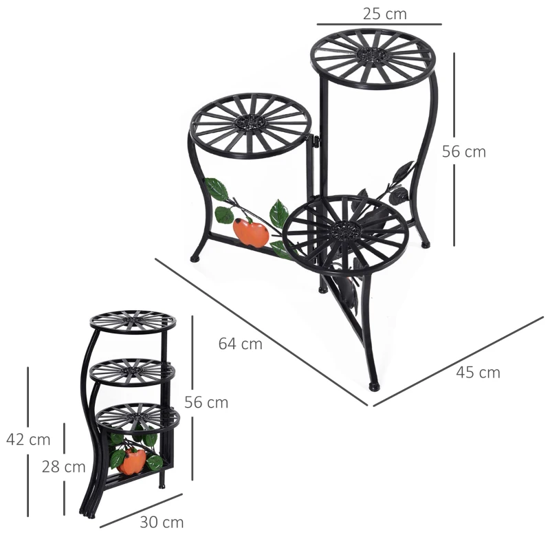Outsunny Étagère à Fleurs Supports de Pots Porte Plante en métal à 3 Niveaux élégant Pliable intérieur/extérieur pour Maison Balcon Jardin Terrasse dim. 64L x 45l x 56H cm Noir