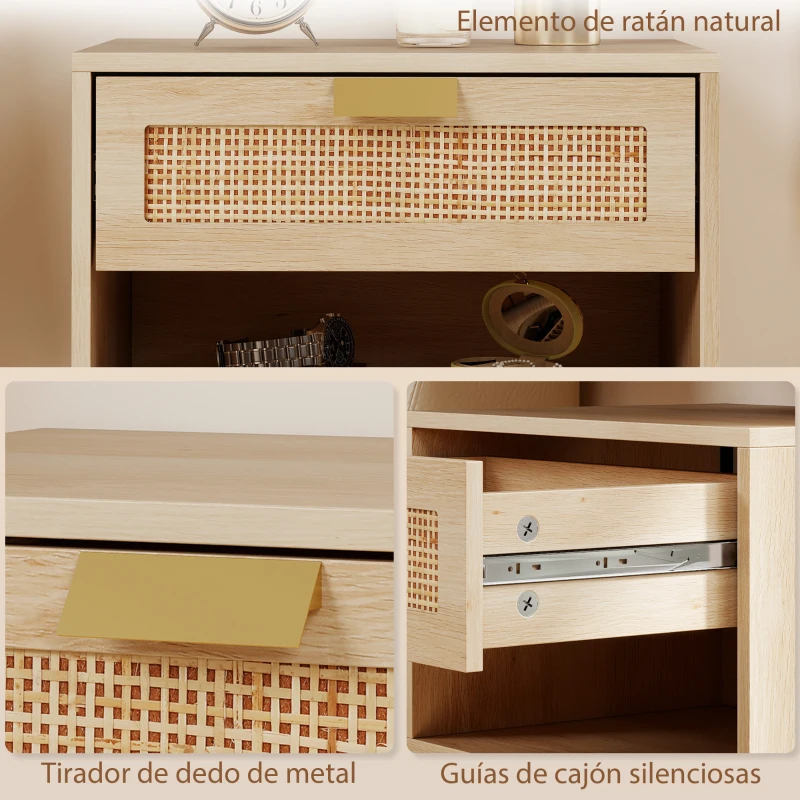 HOMCOM Juego de 2 Mesitas de Noche Flotantes con Cajón de Ratán Estante Abierto Ahorra Espacio 40x30x25 cm Roble