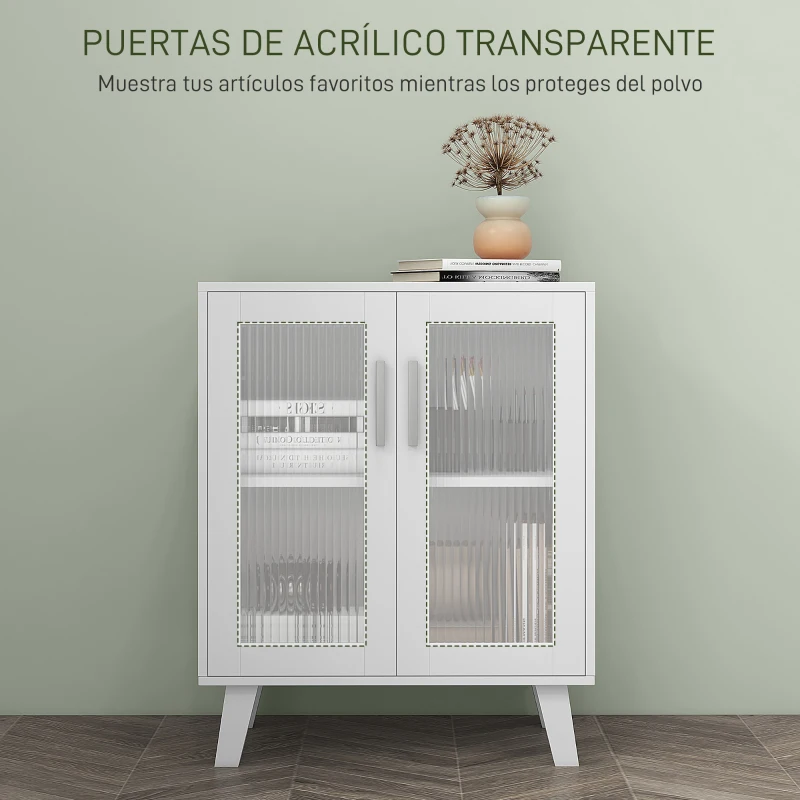 HOMCOM Aparador de 2 Puertas Aparador de Salón con 2 Estantes Puertas Transparentes para Cocina Entrada Blanco 61x35x75 cm