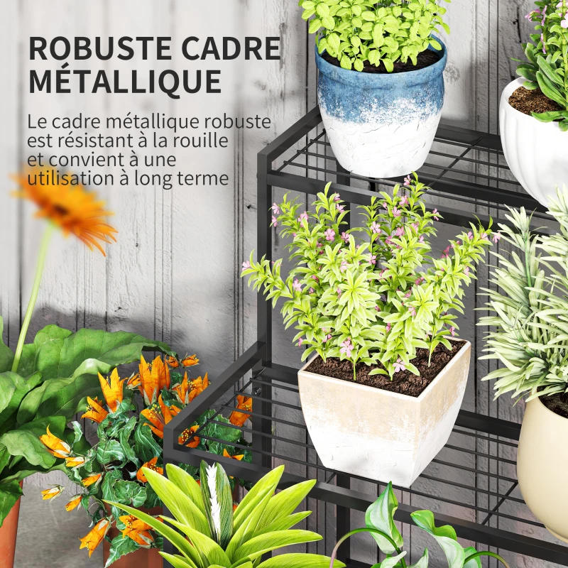 Outsunny Étagère à Fleurs en métal 3 Niveaux Intérieur et Extérieur, support de plantes en échelle, 75 x 70 x 66 cm, Noir