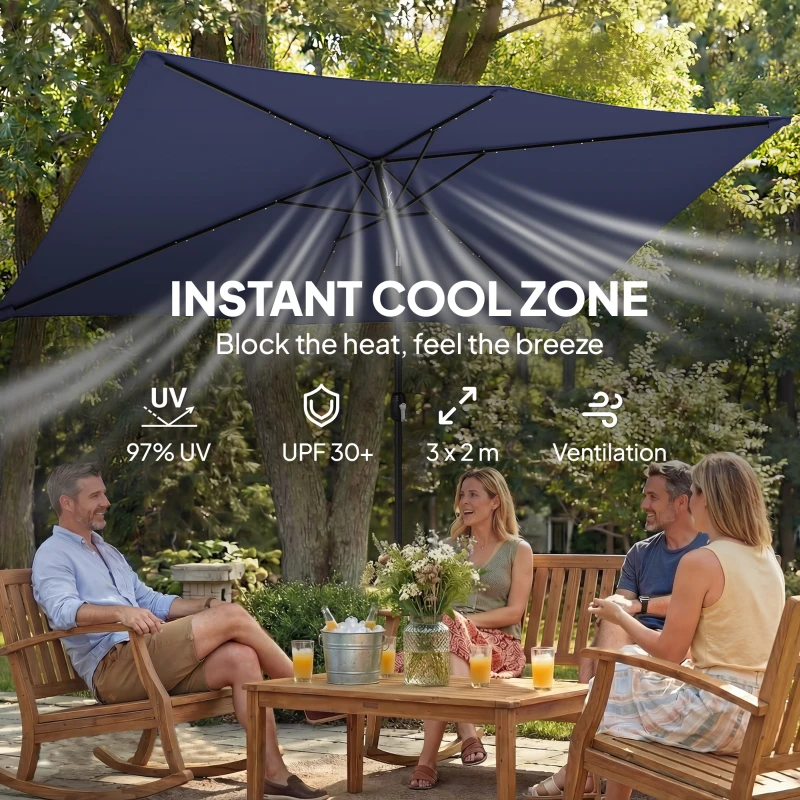 Outsunny Parasol ogrodowy LED Solar 300 x 200 cm, pochylany z korbką, pokrowiec, ochrona UV, obrotowy, granatowy