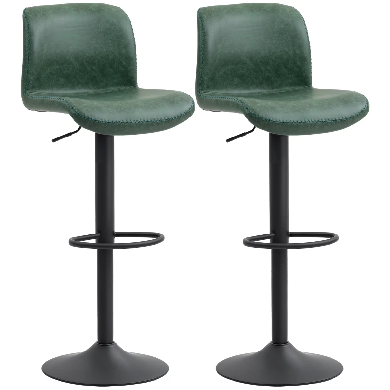 HOMCOM Bar Stools Set of 2, PU Leather Barstools with Backrest and Footrest for Kitchen, Counter, Breakfast Bar, Green