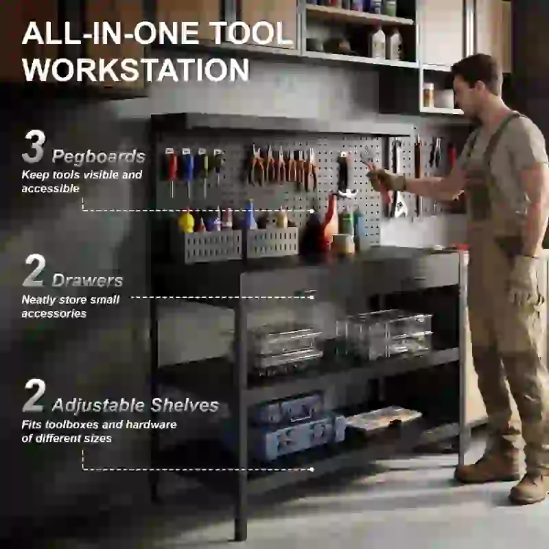 HOMCOM Stacja robocza z regulowanymi półkami, solidna stacja robocza z perforowaną płytą i 2 szufladami, 122 x 61 x 156 cm, Czarna