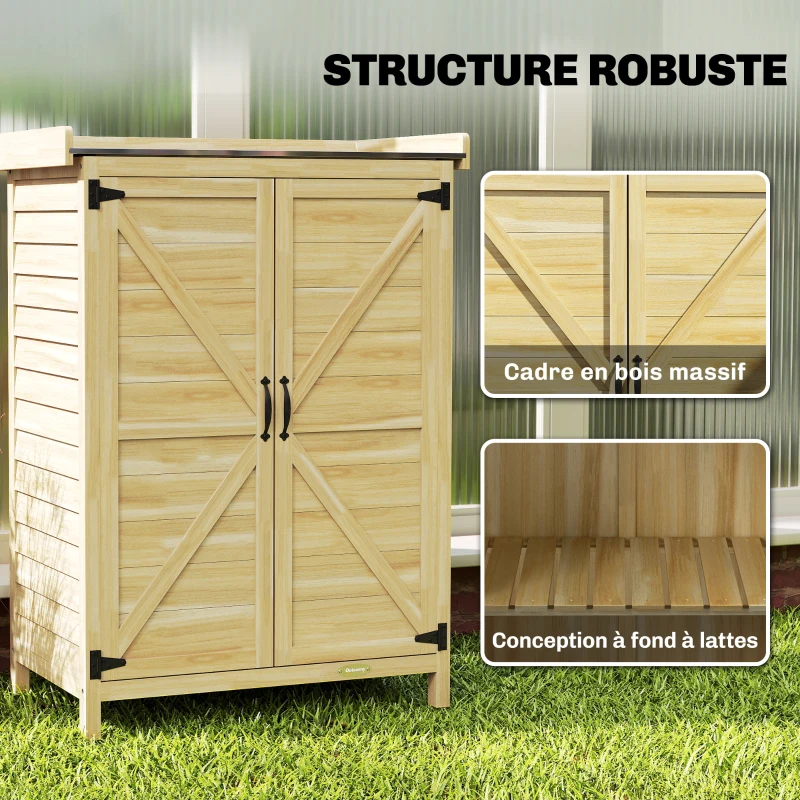 Outsunny Armoire de jardin, armoire extérieure de rangement en bois, plan de travail en métal galvanisé, 71,5x39x95cm, naturel