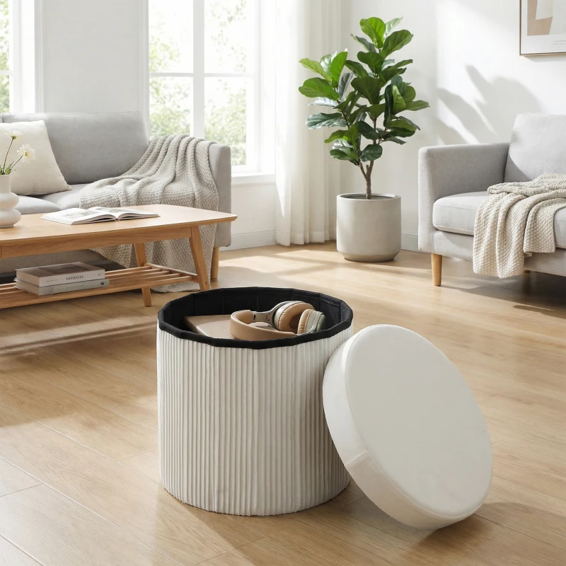 HOMCOM Puff de Arrumação Banco de Arrumação Dobrável 35 L 38x38x38 cm Estofado em Veludo Baú de Arrumação Redondo Creme