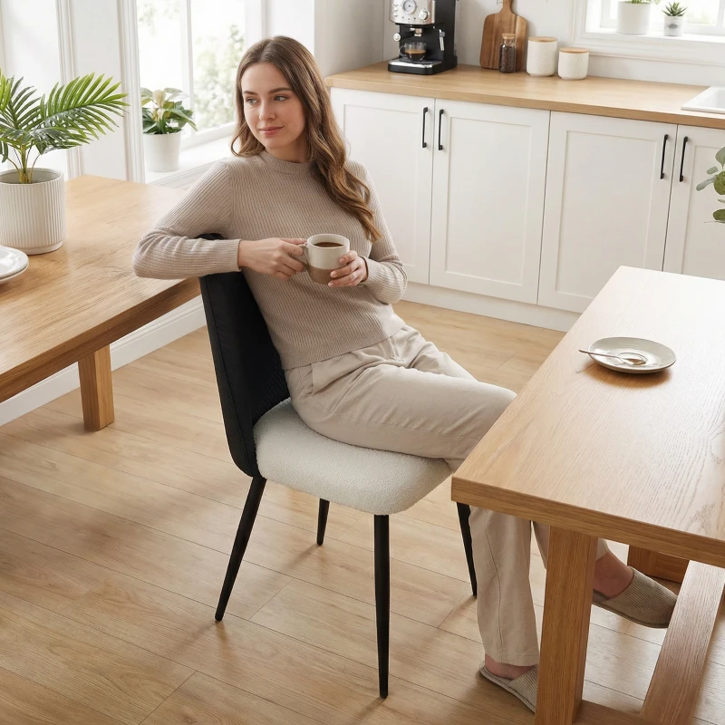 HOMCOM Juego de 2 Sillas de Cocina con Respaldo de PU de Imitación Ratán Patas de Acero y Asiento Acolchado Negro y Beige
