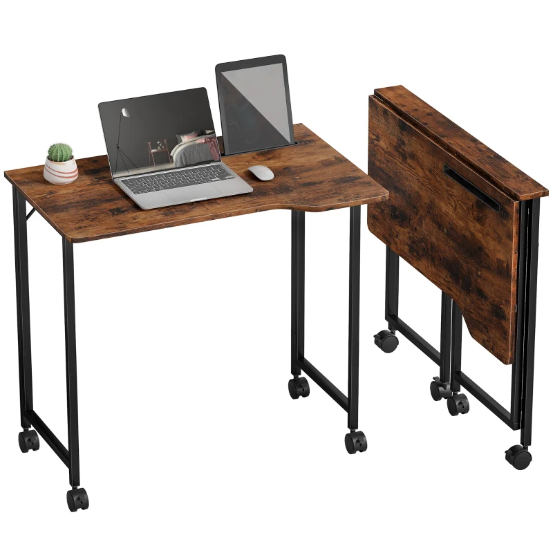 HOMCOM Folding Small Desk on Wheels - Rustic Brown