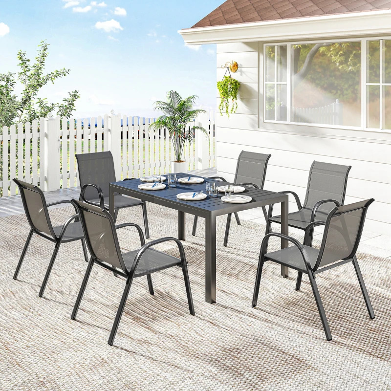 Outsunny Table de jardin extérieure avec 6 chaises empilables, plateau à lattes 150 cm structure en acier anti-rouille gris clair