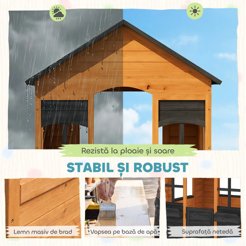 AIYAPLAY Căsuță din Lemn Copii cu Jardiniere, pentru Joacă Exterior/Interior, Vârsta 3-8, Maro
