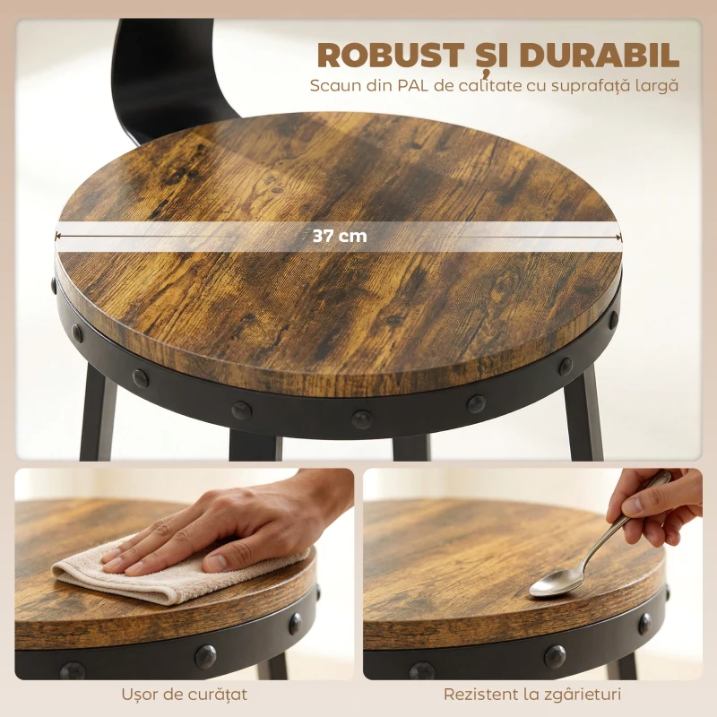 HOMCOM Set 2 Scaune de Bar, Șezuturi Rustice cu Spătar și Suport pentru Picioare, Maro Rustic