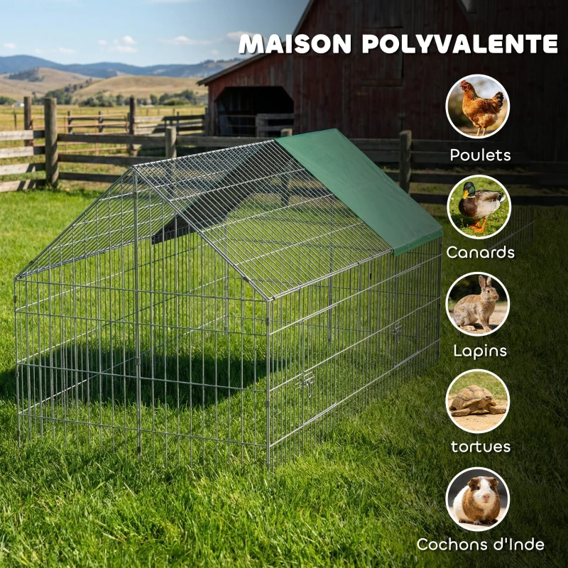 PawHut Parc Enclos Cage Lapin Extérieur avec Portes Verrouillables et Protection Pare-Soleil Toit, Acier, 180x75x75 cm, Vert