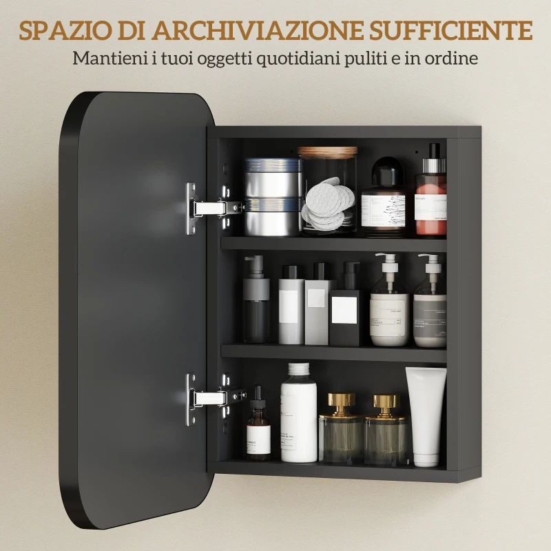 HOMCOM Armadietto con Specchio Contenitore a 2 Ripiani Regolabili, in Legno e Vetro, 40.2x10.2x50.9 cm, Nero