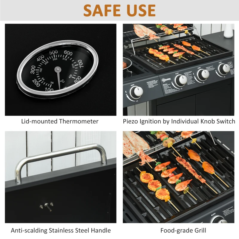 Outsunny Gas Burner Barbecue Grill with 3+1 Burner, Garden BBQ Trolley with Side Burner, Warming Rack, Side Shelves, Storage Cabinet, Piezo Ignition, Thermometer, 110x50x100cm