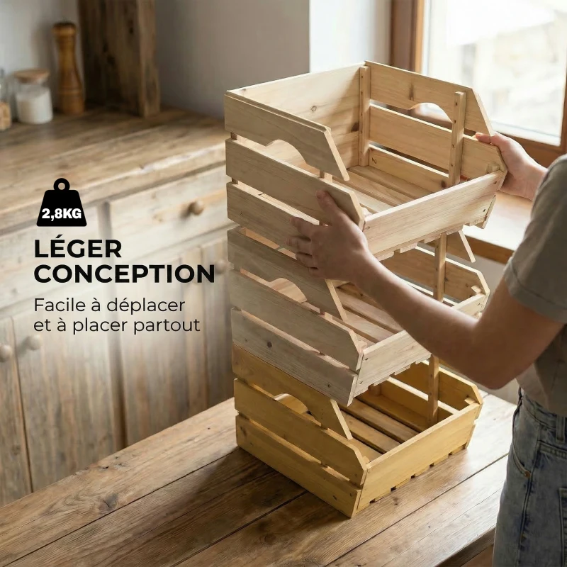 Outsunny 3-stufiger, abnehmbarer Obstkorbständer aus Fichtenholz für Obst und Gemüse, 37,5x27x60cm, Natur