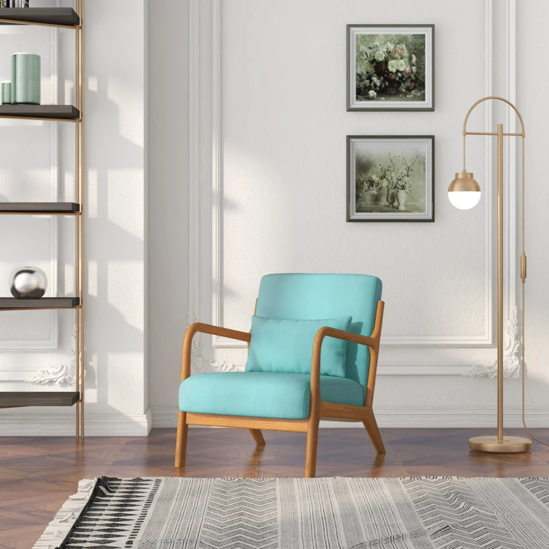 HOMCOM Fauteuil de salon avec cadre en bois massif fauteuil lounge - assise profonde - accoudoirs - aspect velours bleu