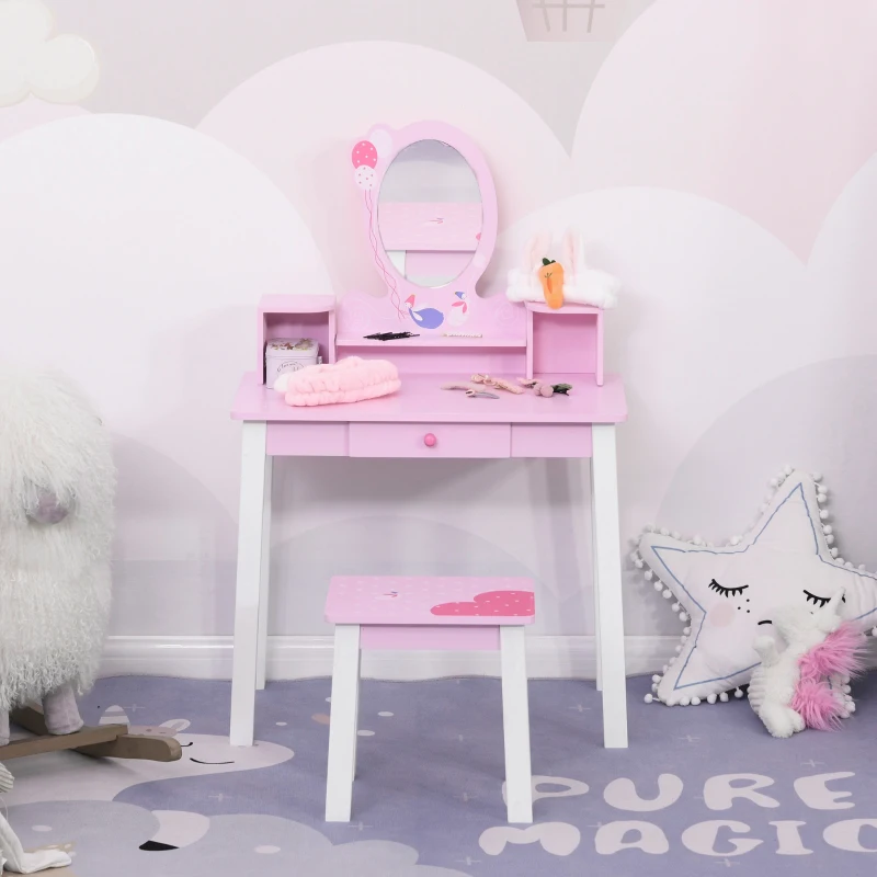 HOMCOM Coiffeuse Enfant Table de Maquillage avec Tabouret, 1 tiroir, Miroir 59 x 39 x 92 cm Bois Rose