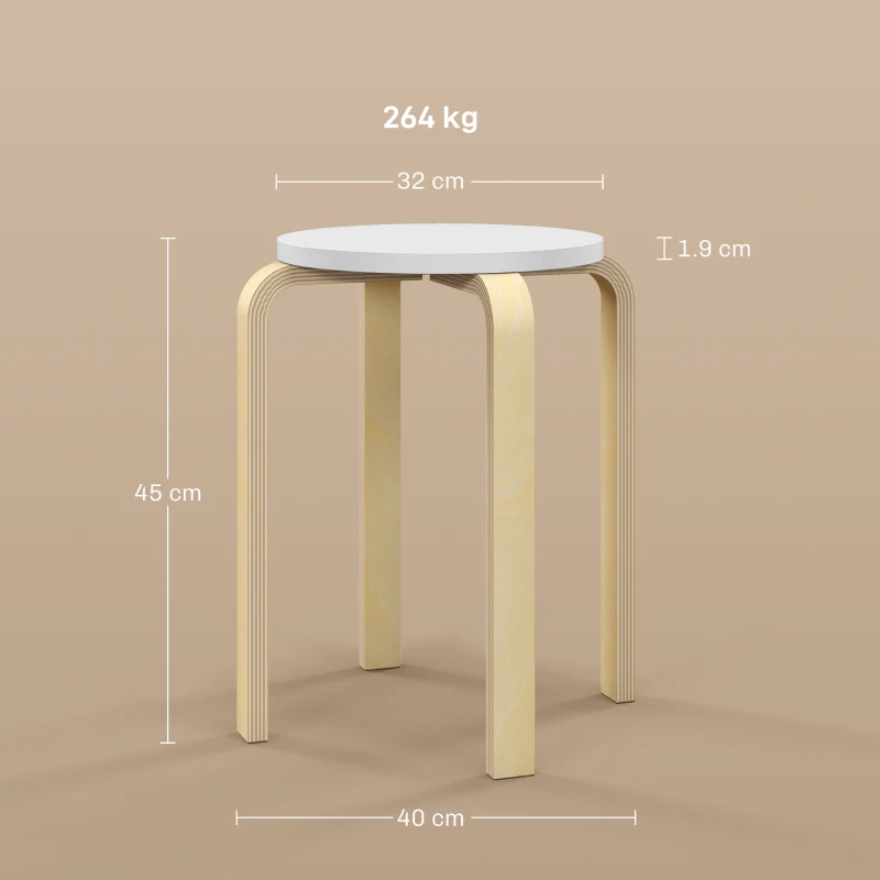 HOMCOM Set 4 Taburete Rotunde Stivuibile din Lemn Alb, Ø40x45 cm