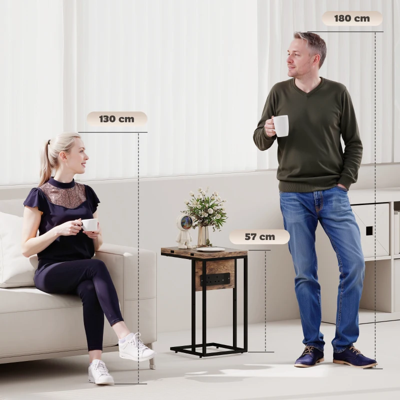 HOMCOM C Shaped Side Table with Charging Station and Foldable Top - Rustic Brown