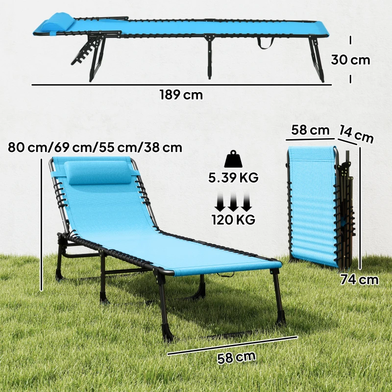 Outsunny Șezlong Pliabil cu Spătar Reglabil, Cadru din Oțel și Material Textil Tip Plasă, 189x58x30 cm, Albastru