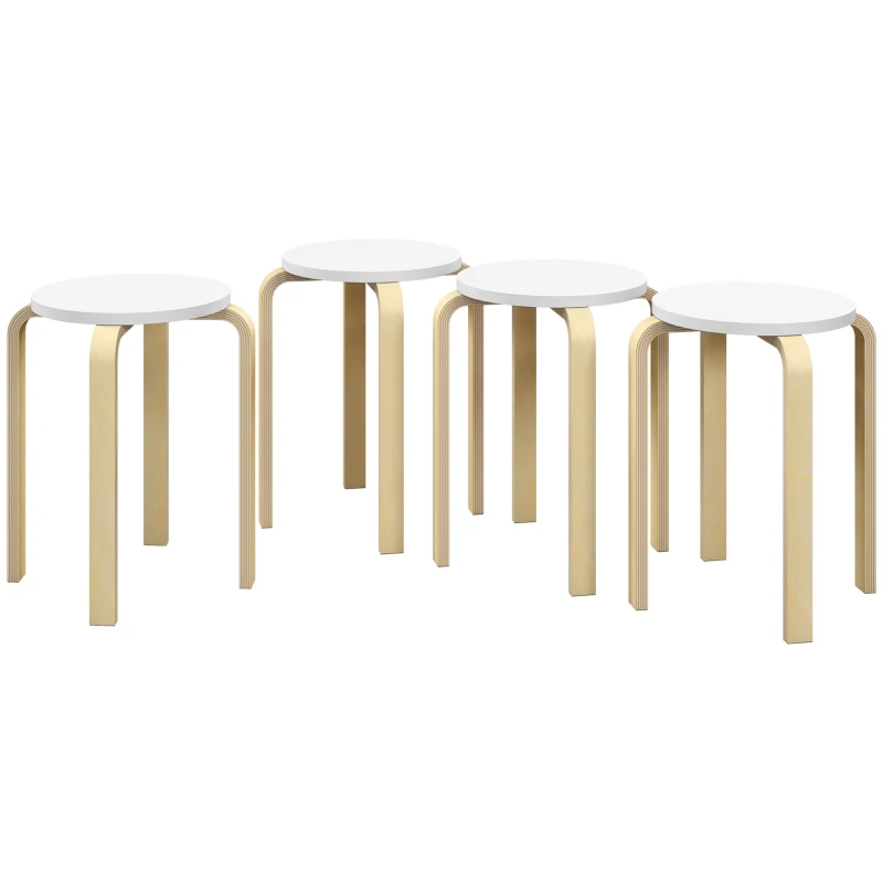 HOMCOM Set 4 Taburete Rotunde Stivuibile din Lemn Alb, Ø40x45 cm