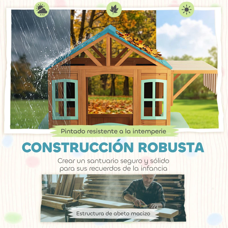 AIYAPLAY Casita Infantil Exterior e Interior de Madera con Barra de Snack Maceteros Pizarra Ventanas Tela para Tiro y 4 Pelotas