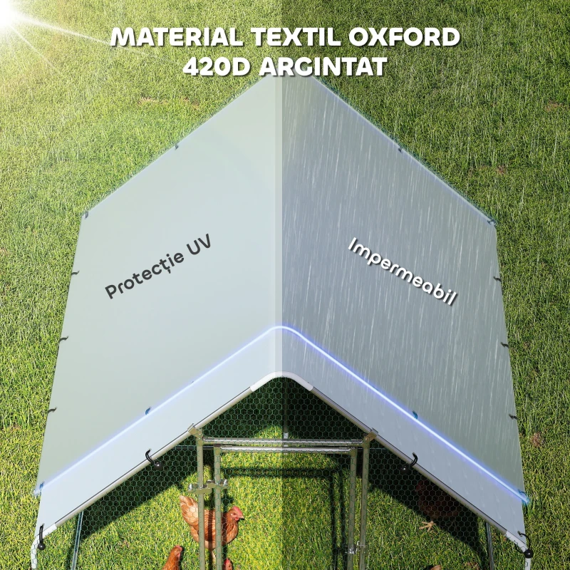 PawHut Coteț pentru Găini de Exterior, 2x2x2m 4 m² Țarc pentru Găini din Oțel Galvanizat cu Acoperiș Impermeabil Anti-UV și Încuietoare, Adăpost pentru 4-6 Găini, Animale Mici, Iepuri și Rațe