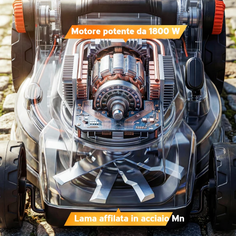 Outsunny Tagliaerba Elettrico 1800W con Sacco da 50L, Manico Regolabile, 6 Altezza di Taglio, Grigio Chiaro