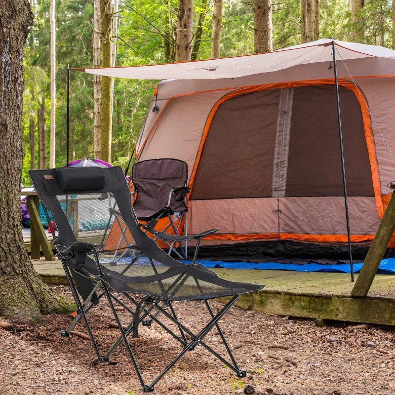 Outsunny Chaise de camping pliable avec repose-pied + Porte-gobelets + coussin appui-tête et sac de transport inclus noir