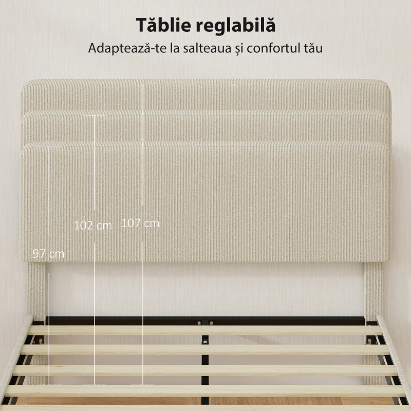 HOMCOM Cadru de Pat 140x200 cm cu Tăblie Tapițată Reglabilă pe Înălțime și Șipci, Catifea Canelată, Gri