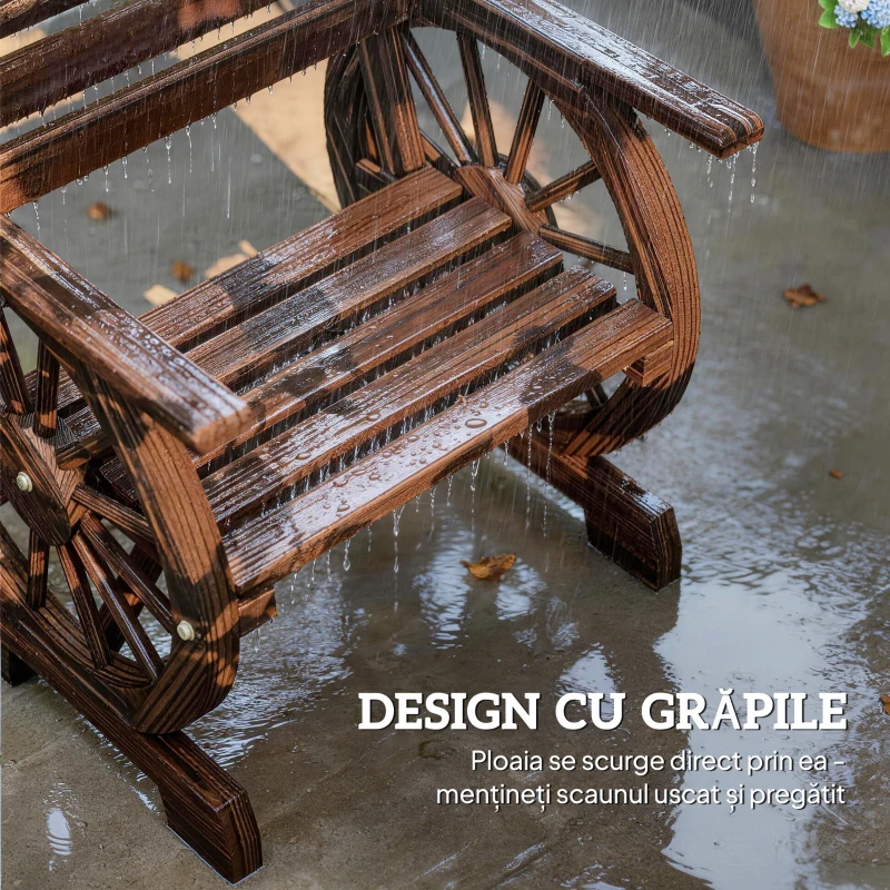 Outsunny Bancă de Grădină din Lemn cu Lamele 1 Loc, Scaun de Exterior cu Cotiere și Roată, Fotoliu din Lemn Masiv, Șezut Spațios, Spătar Înclinat, Grădină, Curte, Verandă, Finisaj Carbonizat