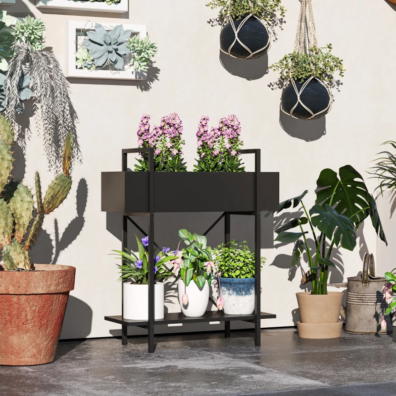 Outsunny Suport plante interior 2 niveluri, suport pentru plante cu orificii de drenaj, tavă superioară, metal, 60 x 25 x 70 cm negru