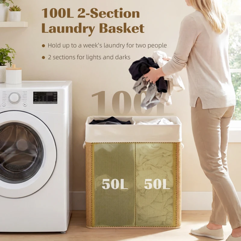 HOMCOM Double Laundry Basket with Lid, 100L Bamboo Laundry Hamper with Rope Handles, Washing Basket with Removable Liner for Bathroom, Bedroom, Brown