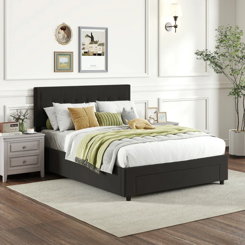 HOMCOM Double Ottoman Bed Frame, with Front Drawer - Black