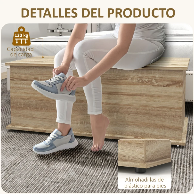 HOMCOM Banco de Almacenaje con Bisagra de Seguridad Estilo Moderno para Pasillo Dormitorio Salón 100x40x40 cm Roble