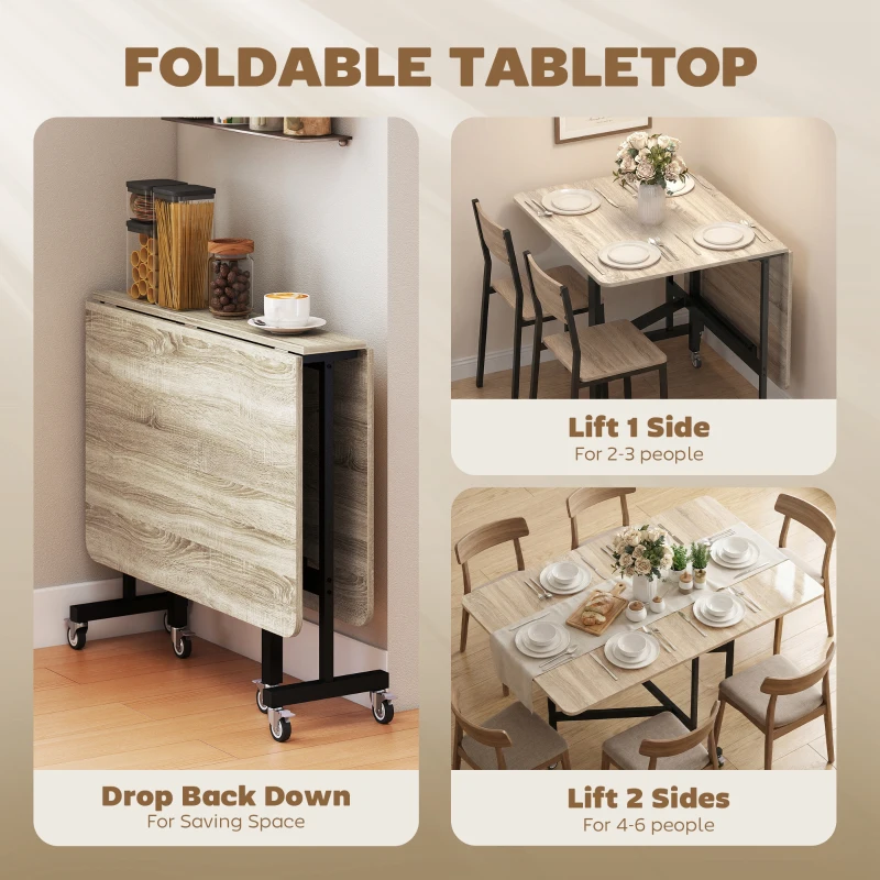 HOMCOM Mobilny Stół Składany z 6 Kółkami i Hamulcami, Składany Stół Kuchenny do Małych Pomieszczeń, Dąb