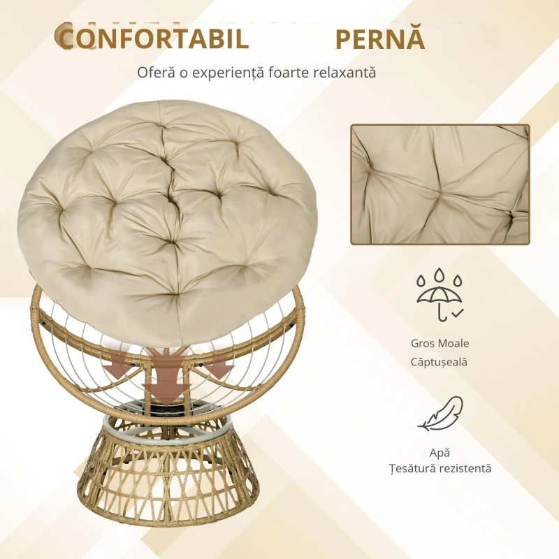 Outsunny Fotoliu din coș Fotoliu din ratan Scaun outdoor, stil boho, rezistent la intemperii, 85 cm x 70 cm x 82 cm, Crem + Natural