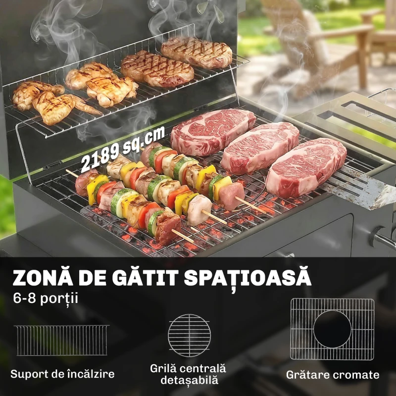 Outsunny grătar pe cărbune, grilă reglabilă, rafturi rabatabile, termometru.