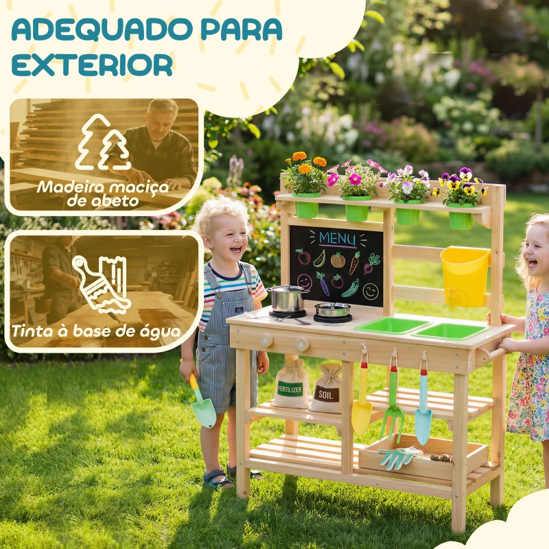 AIYAPLAY Cozinha de Brincar Exterior com Vasos Lavatório Torneira Utensílios de Aço Inoxidável e Quadro-Negro Madeira