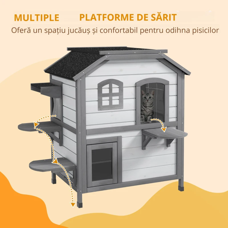 PawHut Casă pisici, Căsuță pisici, Peșteră pisici, 2 Etaje, rezistentă la intemperii, 78,1 cm x 55,2 cm x 90,8 cm, Alb + Gri