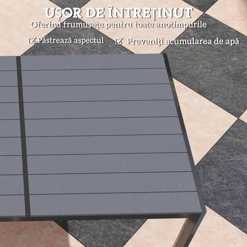 Outsunny Set Masă de Grădină cu Scaune, 7 Piese, Set de Prânz cu Masă cu Blat din Lemn Compozit cu Șipci și 6 Scaune de Exterior Stivuibile, Mobilier din Oțel cu Texteline, Gri și Negru